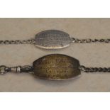 2 identity bracelets, both marked 'silver' engraved 'Dorothy E E Wilson, 158 Uppingham Road,