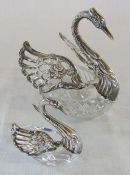 2 Silver topped glass swans marked 925 with import marks ELD 13 cm and 7 cm
