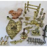 Collection of brass and copper ware including Lincoln Imp candlesticks