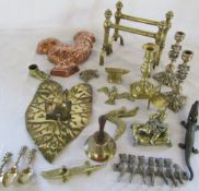 Collection of brass and copper ware including Lincoln Imp candlesticks