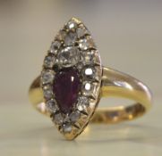 A stunning Georgian diamond and ruby marquise ring, set with approx 1.5-1.