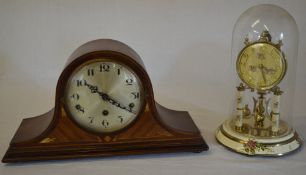 Early 20th century mantle clock and a floral decorated anniversary clock under dome