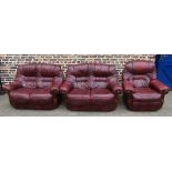 2 two seater leather and wood sofas with a reclining chair (handle af)