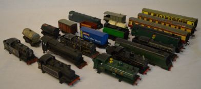 Various model railway vehicles including carriages, locomotive shells (not complete),