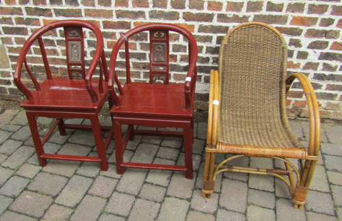 Wicker chair & 2 chinese chairs (repaired)