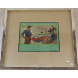 Watercolour of fishermen with their boats signed Ellis Silas 40 cm x 35 cm (size including frame)