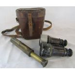WWI military / Royal Flying Corps binoculars in leather case stamped B7011 & a 4 section brass