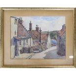 Watercolour by L Firth of a village street scene 53 cm x 43 cm (size including frame)