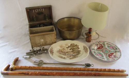 Copper jam pan, 2 walking sticks, lamp, moulding plane,