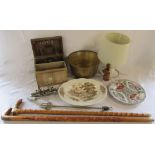 Copper jam pan, 2 walking sticks, lamp, moulding plane,