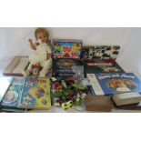 Assorted board games, doll (af), play worn die cast cars,
