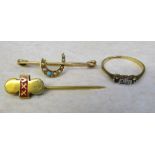 9ct gold stick pin & brooch weight 2.44 g & 18ct gold diamond ring (af) size J weight 1.