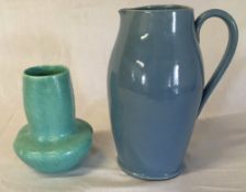 Small turquoise Royal Lancastrian vase Ht 16cm & a blue Buchan jug Ht 24cm