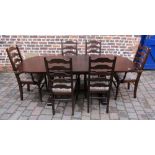 Oak draw leaf dining table and six ladder back chairs inc 2 carvers (extending to 214 cm W 90 cm)