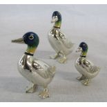 Set of 3 miniature graduated silver and enamel mallards / ducks by Saturno complete with individual