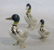 Set of 3 miniature graduated silver and enamel mallards / ducks by Saturno complete with individual