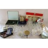 2 boxes of various glassware, photo frames, tie backs, Monopoly, greeting cards,