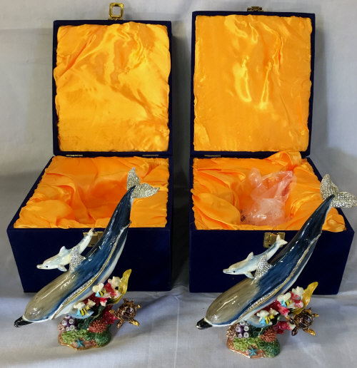 Ex shop stock - 2 ornate dolphin trinket pots with presentation boxes H 20cm