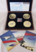 Cased Concorde commemorative coin set together with postcards and boarding pass