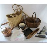 Various items inc wicker basket, copper kettle, mirror,