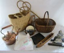 Various items inc wicker basket, copper kettle, mirror,