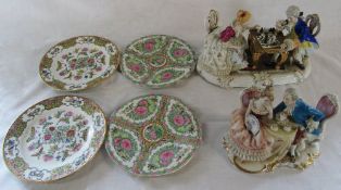2 Meissen style figural groups & 4 Oriental plates