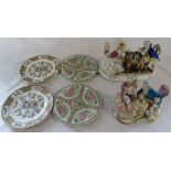 2 Meissen style figural groups & 4 Oriental plates