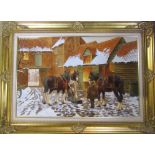 Large oil on canvas in gilt frame 'Farrier's Yard' by Arthur Lokie (1948-) 95 cm x 69.