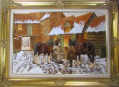 Large oil on canvas in gilt frame 'Farrier's Yard' by Arthur Lokie (1948-) 95 cm x 69.