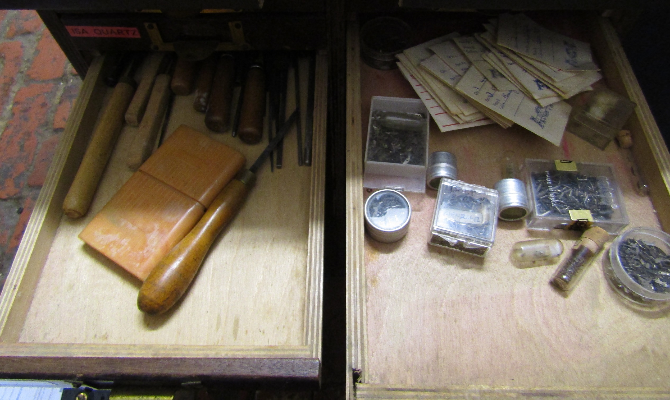 Watchmakers cabinet including mainsprings, watch movements, lathe tools, gravers, washers, - Image 9 of 11