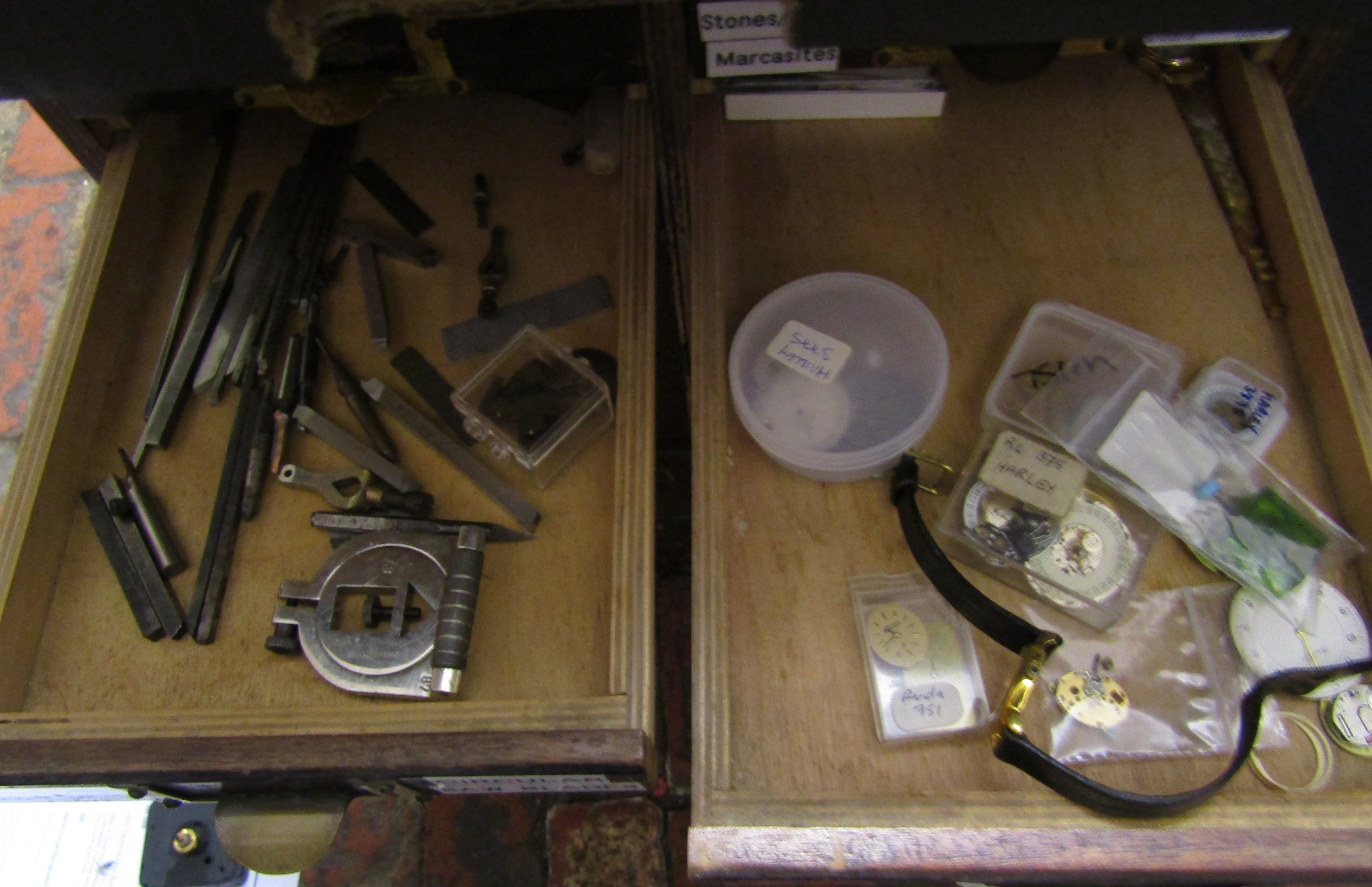 Watchmakers cabinet including mainsprings, watch movements, lathe tools, gravers, washers, - Image 7 of 11