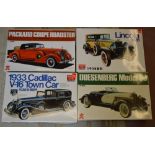 4 vintage boxed Bandai car model kits, all unbuilt, including Packard Coupe Roadster, Lincoln 1928,
