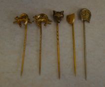 5 yellow metal stick pins including fox mask,