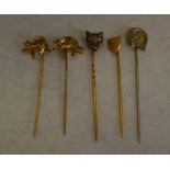 5 yellow metal stick pins including fox mask,