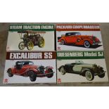 4 vintage boxed Bandai car model kits, all unbuilt, including Steam Tractor Engine,