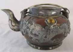 Chinese terracotta and pewter mounted ornate teapot
