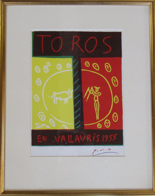 Lithographic poster print by Pablo Picasso advertising the 1955 Vallaurs Exhibition,