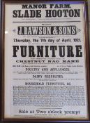 Framed Auctioneers advertising poster for J Dawson & Sons advertising a Farm furniture sale with a