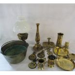 Selection of brass ware inc lamp, tankards,