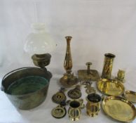 Selection of brass ware inc lamp, tankards,