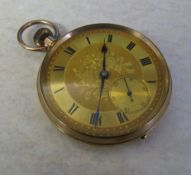 9ct gold open faced pocket watch with floral/gilt dial (inner back plate metal) D 45 mm total