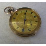 9ct gold open faced pocket watch with floral/gilt dial (inner back plate metal) D 45 mm total