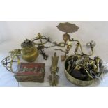 Selection of brassware inc candlesticks,