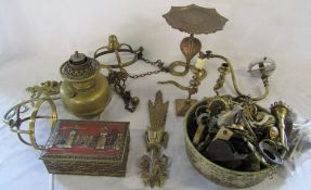 Selection of brassware inc candlesticks,