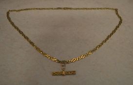 9ct gold chain with 9ct gold T bar style pendant, total approx weight 10.