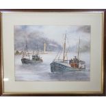 Framed watercolour of Grimsby trawlers GY302 and GY203 by John Hotson signed and dated 91 54 cm x