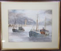 Framed watercolour of Grimsby trawlers GY302 and GY203 by John Hotson signed and dated 91 54 cm x