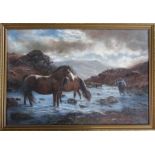 Large oil on canvas of horses/ponies at a stream by John Trickett 98 cm x 68 cm (size including