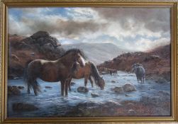 Large oil on canvas of horses/ponies at a stream by John Trickett 98 cm x 68 cm (size including