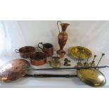 Selection of brass and copper inc tureens and candlesticks